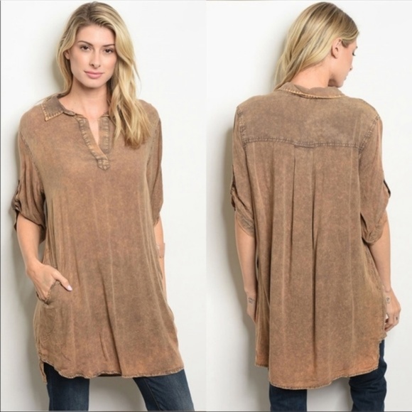 ♡ Distressed 2 Pockets Mineral Washed Tunic Dress♡ - Picture 3 of 5